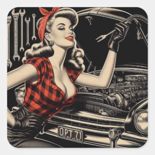 Vintage Mechanic Pin Up Square Sticker