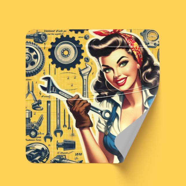 Vintage Mechanic Pin-up Square Sticker (Creator Uploaded)