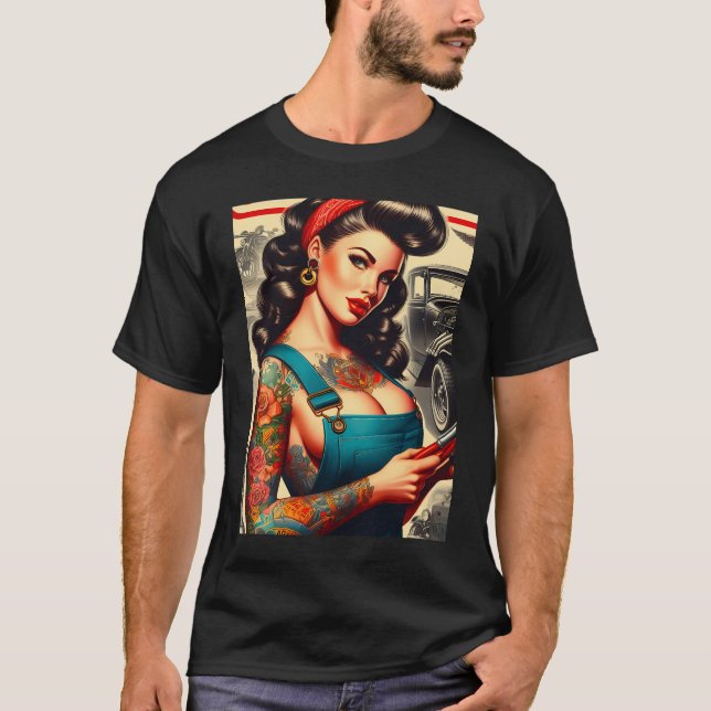 Vintage Mechanic Pin-Up  T-Shirt (Front)