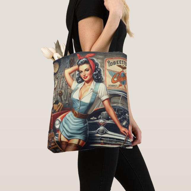 Vintage Mechanic Pin Up Tote Bag (Close Up)