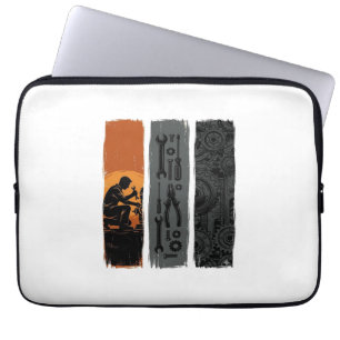 Vintage Mechanic Tools Gear Triptych Shirt Design_ Laptop Sleeve