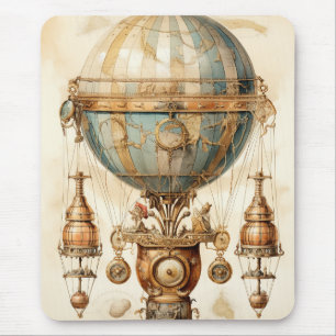 Vintage Mechanical Airship Blue Globe Sepia Mouse Mat