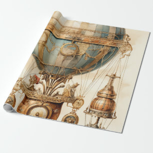 Vintage Mechanical Airship Blue Globe Sepia Wrapping Paper