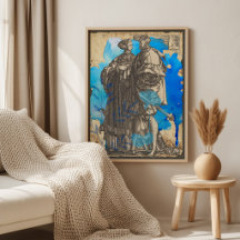 Vintage Mediaeval Couple Decoupage Poster on Blue 