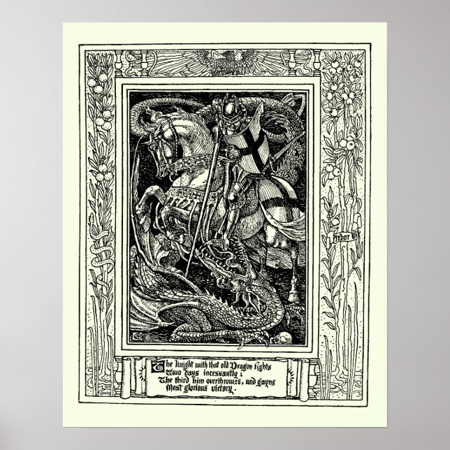 Vintage Mediaeval Knight Slaying Dragon by W. Poster (Front)
