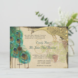 Vintage Mediaeval Peacock Birdcage Feather Wedding Invitation