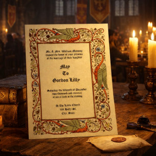 Vintage Mediaeval Style Dragons Floral Vine Weddin Invitation