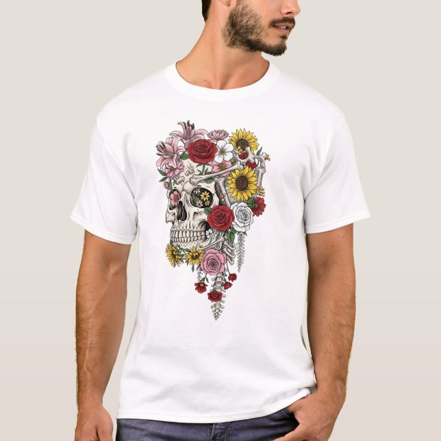 Vintage medical anatomy skull flower T-Shirt (Front)