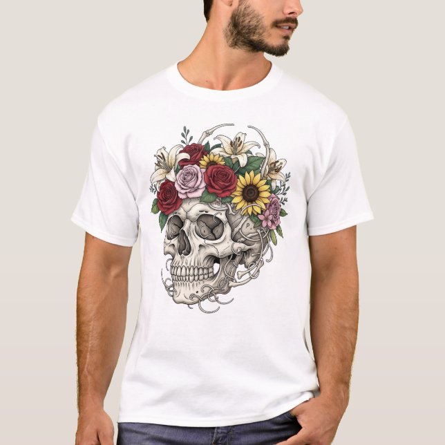 Vintage medical anatomy skull flower T-Shirt (Front)
