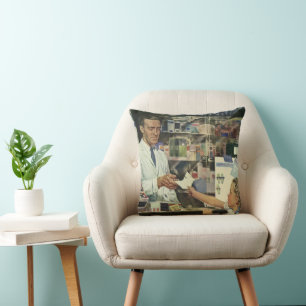 Vintage Medicine, Pharmacist and Girl at Pharmacy Cushion