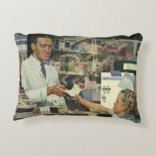 Vintage Medicine, Pharmacist and Girl at Pharmacy Decorative Cushion