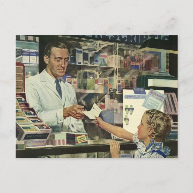 Vintage Medicine, Pharmacist and Girl at Pharmacy Postcard (Front)