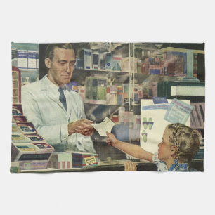 Vintage Medicine, Pharmacist and Girl at Pharmacy Tea Towel