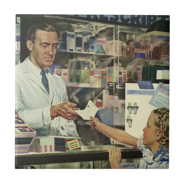 Vintage Medicine, Pharmacist and Girl at Pharmacy Tile (Front)