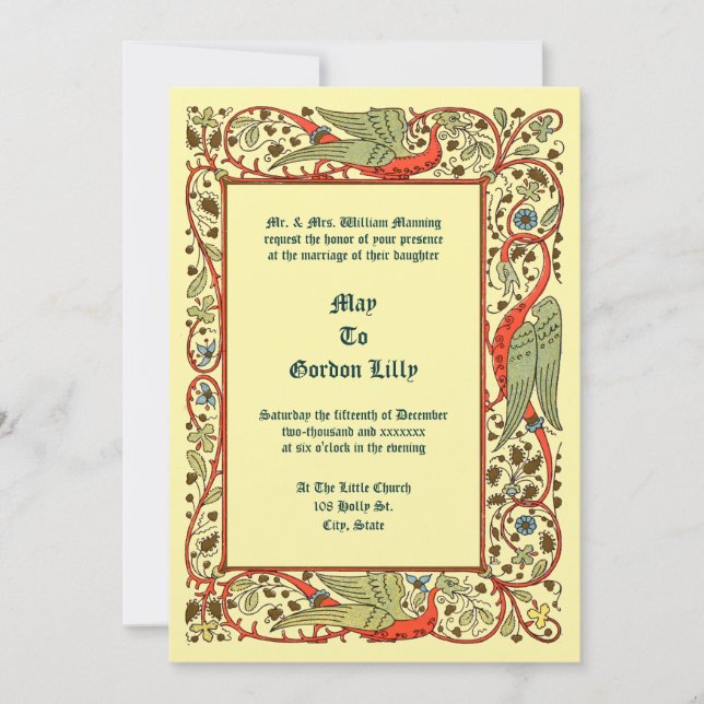 Vintage Medieval Style Dragons Floral Vine Wedding Invitation (Front)
