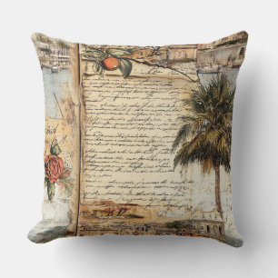 Vintage Mediterranean Artwork with Palm and Script Cushion
