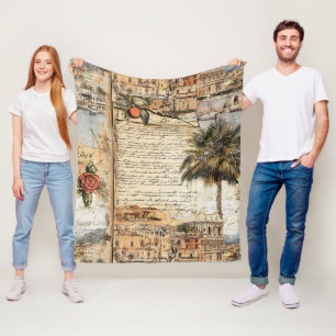 Vintage Mediterranean Artwork with Palm and Script Fleece Blanket
