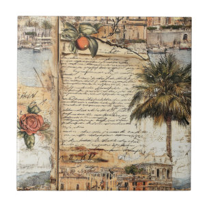 Vintage Mediterranean Artwork with Palm and Script Tile