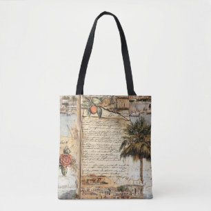 Vintage Mediterranean Artwork with Palm and Script Tote Bag