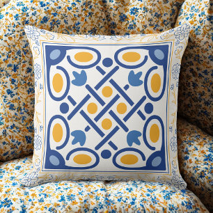 Vintage Mediterranean Blue & Gold Floral Tile  Cushion