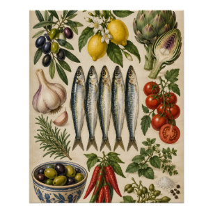 Vintage Mediterranean Food & Sardines Kitchen Post Poster