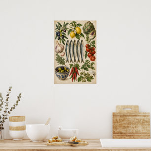 Vintage Mediterranean Food & Sardines Kitchen Post Poster