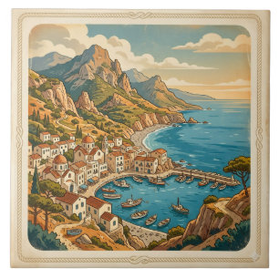 Vintage Mediterranean Harbour Coastal Village Tile