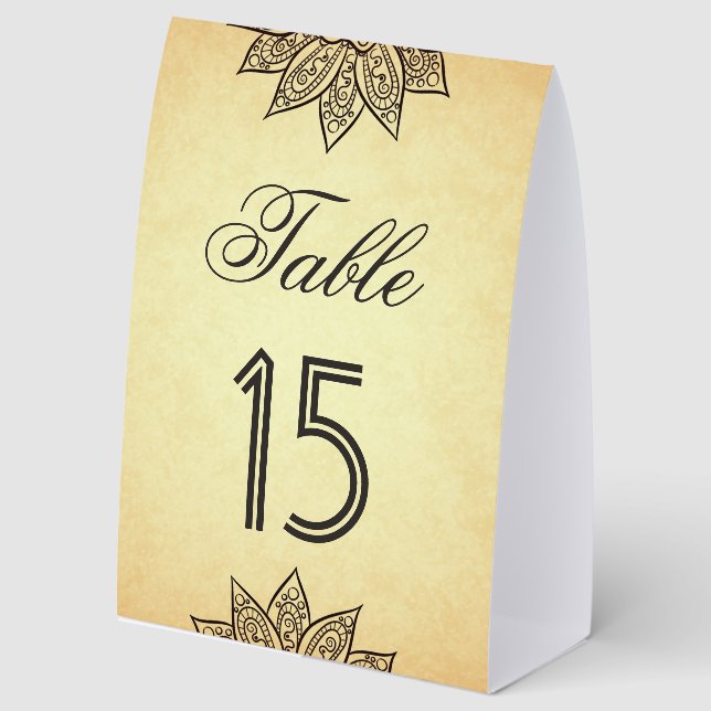 Vintage Mehendi Henna Indian Wedding Table Number (Front)
