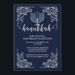 Vintage Menorah Hanukkah Celebration Invitation<br><div class="desc">Start your Holiday party off right with our elegant blue Hanukkah Celebration Party Invitation featuring a vintage frame showcasing a light blue menorah set on a navy blue background with modern typography. Make sure all your friends and family members are there to celebrate with you this holiday season! Hanukkah is...</div>