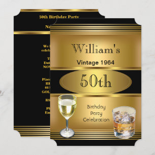 Vintage Mens 50th Birthday Party Gold Drinks Invitation