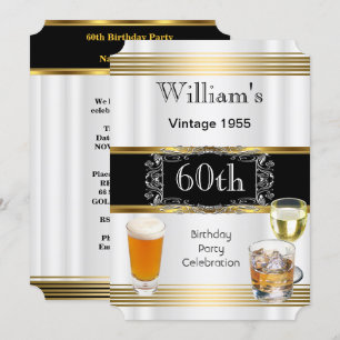 Vintage Mens 60th Birthday Party Gold White Beer Invitation