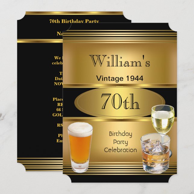 Vintage Mens 70th Birthday Party Gold Beer Invitation (Front/Back)