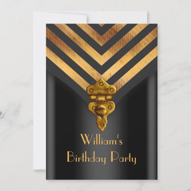 Vintage Mens Birthday Party Gold Black Stripe Invitation (Front)