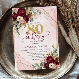 Vintage Merlot Blush Gold Flowers 80th Birthday Invitation