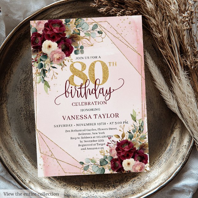 Vintage Merlot Blush Gold Flowers 80th Birthday Invitation (Vintage Merlot Blush Gold Flowers 80th Birthday Invitation)