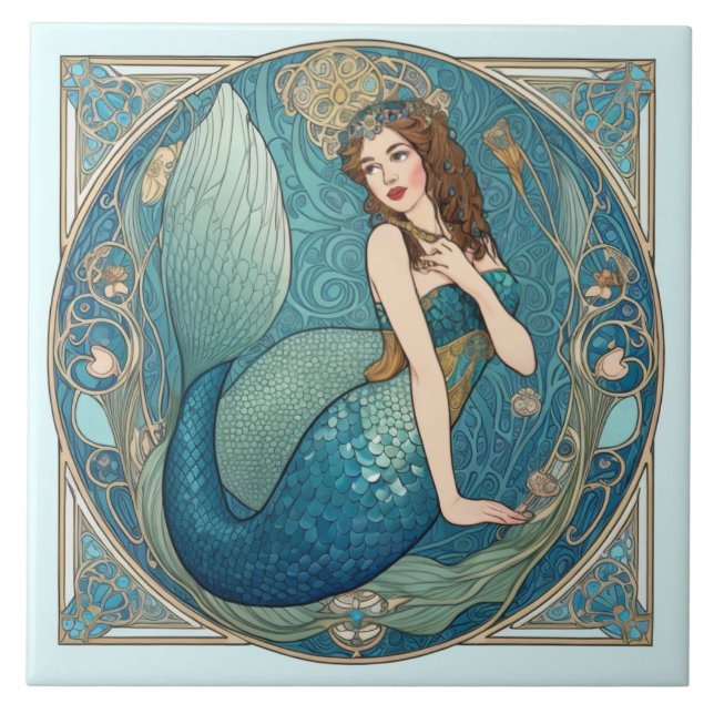Vintage Mermaid Art Nouveau Retro Deco Teal Tile (Front)