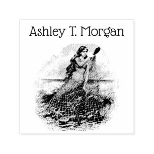Vintage Mermaid Caught in Net, Starfish Shell Blue Self-inking Stamp
