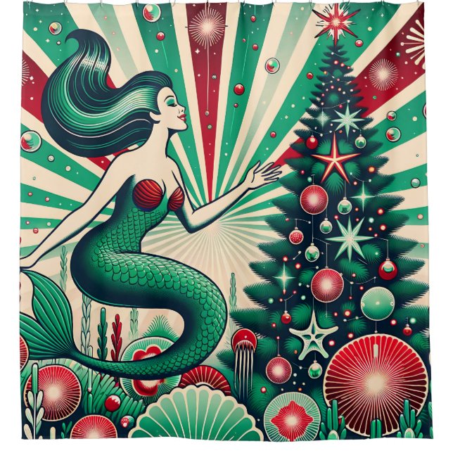 “Vintage Mermaid Christmas Red & Green Wonderland” Shower Curtain (Front)