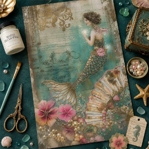 Vintage Mermaid Ephemera Decoupage in Green, Gold Tissue Paper