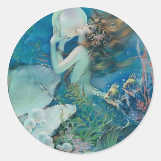 Vintage Mermaid Holding Pearl Classic Round Sticker (Front)