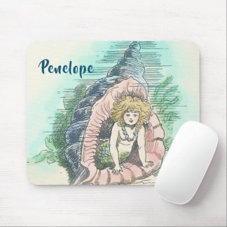 Vintage Mermaid in Conch Shell With Name Mouse Mat