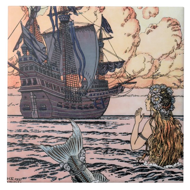 Vintage Mermaid In Sea Looking At Sailing Ship Tile (Front)
