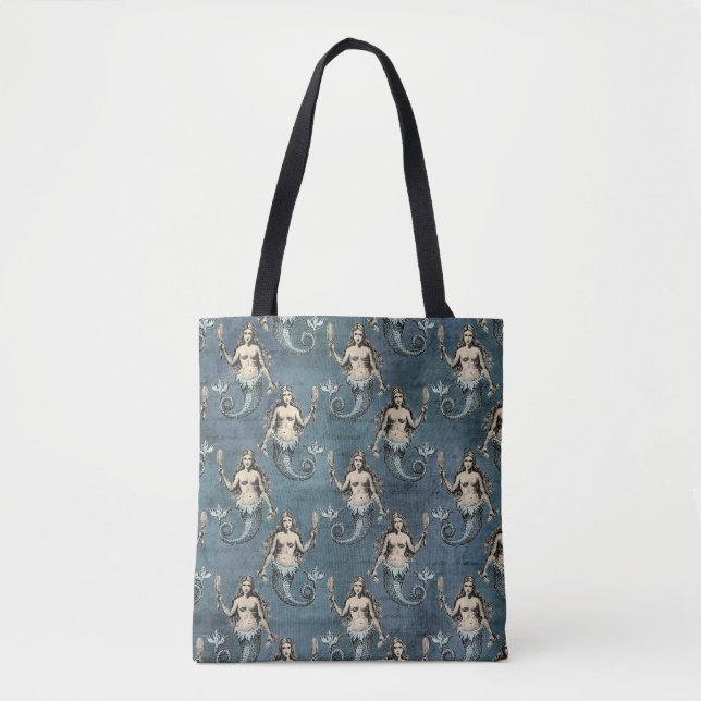 Vintage Mermaid Pattern Blue Tote Bag (Front)