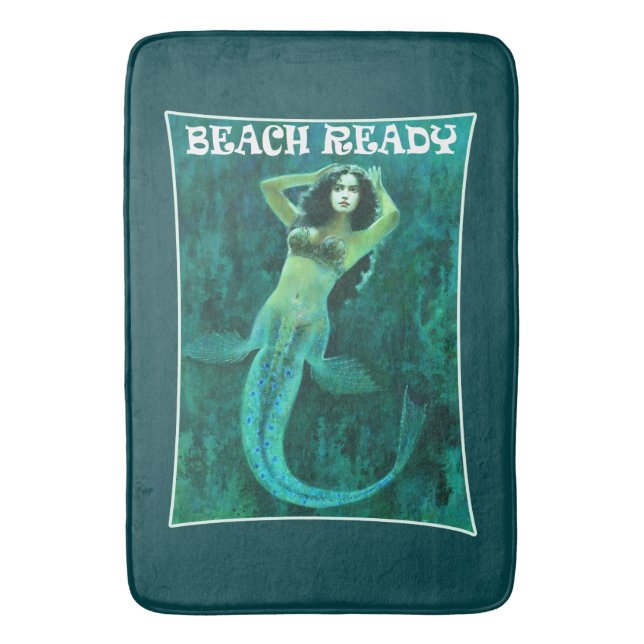 Vintage Mermaid Pin-up  "BEACH READY" Bath Mat (Front Vertical)