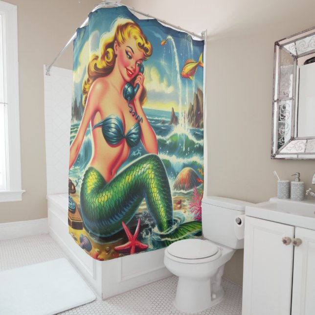 Vintage Mermaid Pin Up Shower Curtain (In Situ)