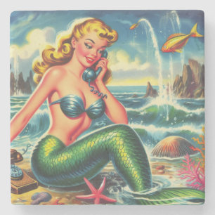 Vintage Mermaid Pin Up Stone Coaster