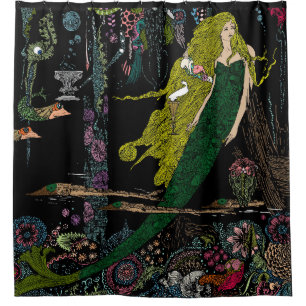 Vintage Mermaid Print Hand Coloured No Border Shower Curtain