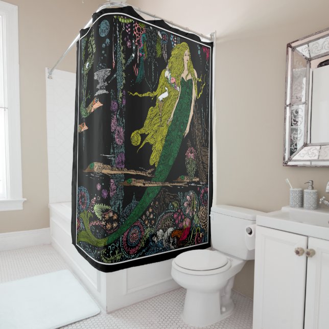 Vintage Mermaid Print Hand Coloured Shower Curtain (In Situ)