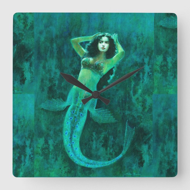 Vintage Mermaid Square Wall Clock (Front)