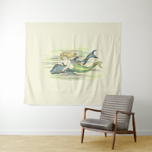Vintage Mermaid Swimming with Dolphin Colourized Tapestry